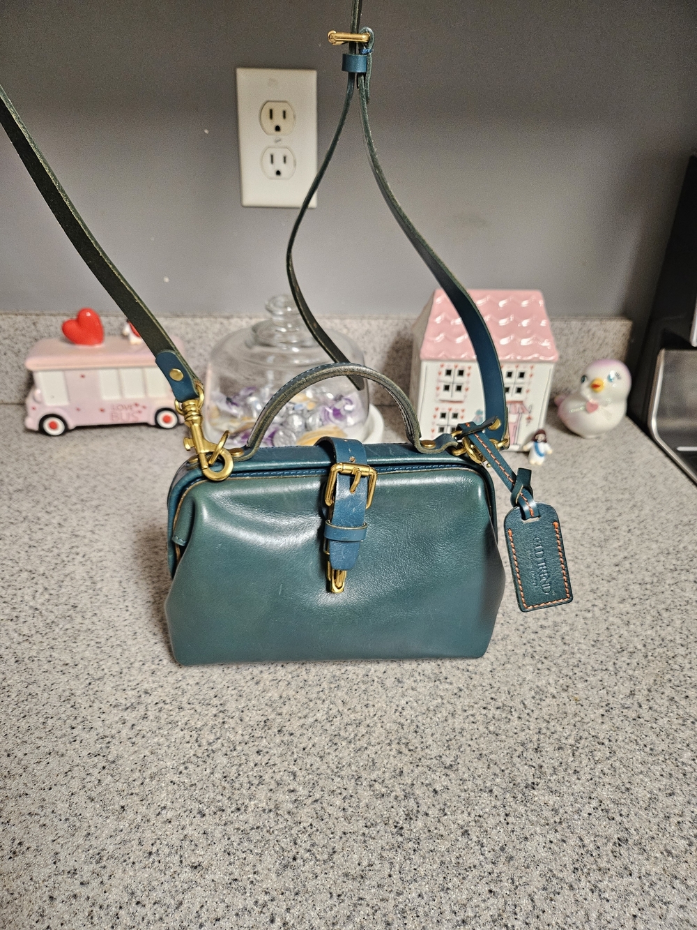 Teal Leather Top-Handle Crossbody Bag with Gold Hardware